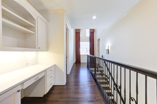 7615 San Clemente Point Ct, Katy, TX 77494 - hall featuring dark wood-type flooring, an office area, recessed lighting, and an upstairs landing