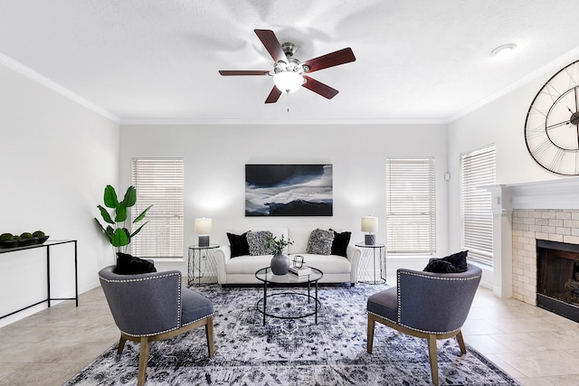 23010 Adwick Ct, Katy, TX 77450 - tiled living area featuring crown molding, ceiling fan, and a brick fireplace