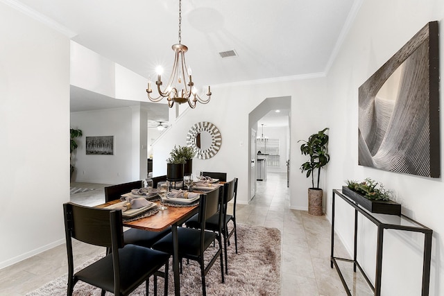 23010 Adwick Ct, Katy, TX 77450 - dining room with a chandelier, ornamental molding, ceiling fan, and lofted ceiling