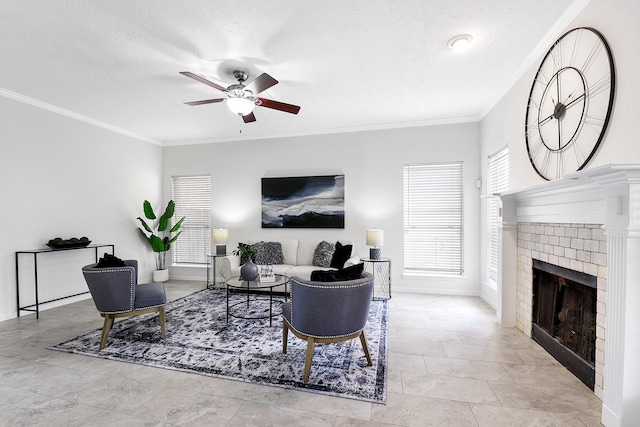 23010 Adwick Ct, Katy, TX 77450 - living room with a ceiling fan, crown molding, a fireplace, and stone finish floors