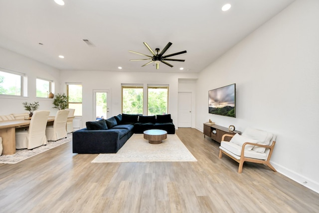 18334 Sunset Elm Dr, Cypress, TX 77433 - living room featuring recessed lighting, light wood-style floors, and a ceiling fan
