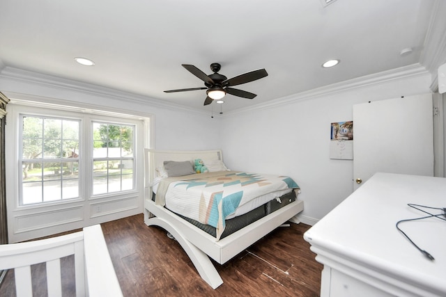 7726 Sorbete Dr, Houston, TX 77083 - bedroom featuring dark wood-type flooring, ornamental molding, recessed lighting, and a ceiling fan