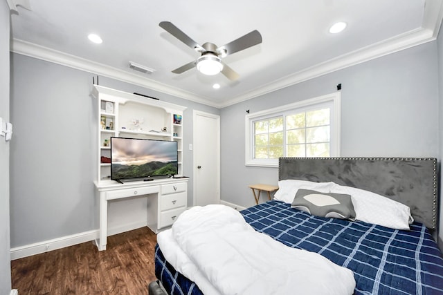 7726 Sorbete Dr, Houston, TX 77083 - bedroom featuring ornamental molding, dark wood-style flooring, ceiling fan, and recessed lighting