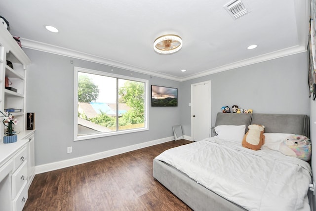 7726 Sorbete Dr, Houston, TX 77083 - bedroom featuring ornamental molding, dark wood finished floors, and recessed lighting