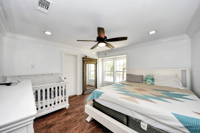 7726 Sorbete Dr, Houston, TX 77083 - bedroom featuring crown molding, recessed lighting, dark wood-type flooring, and a ceiling fan