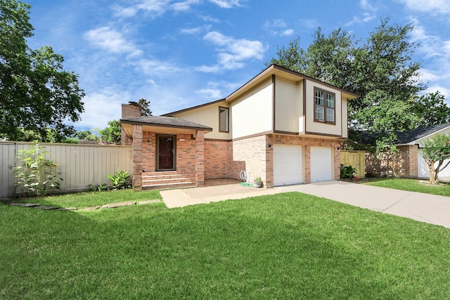 7726 Sorbete Dr, Houston, TX 77083 - tri-level home featuring brick siding, an attached garage, a chimney, and concrete driveway