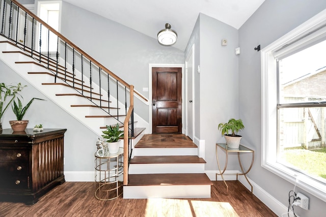 7726 Sorbete Dr, Houston, TX 77083 - staircase featuring wood finished floors and vaulted ceiling