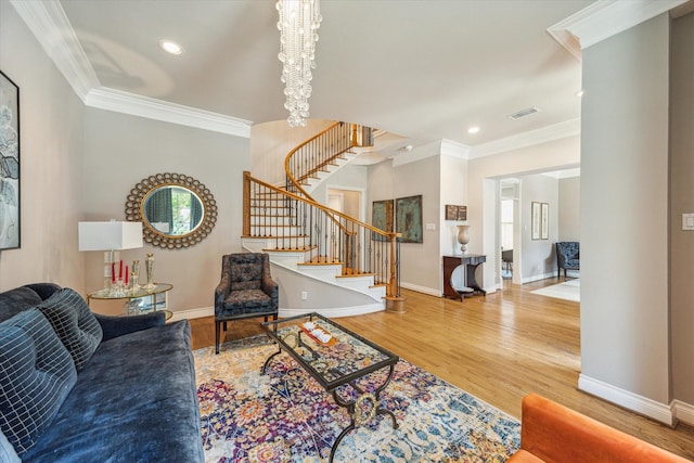 3926 Oberlin St, West University Place, TX 77005 - living room featuring stairs, wood finished floors, crown molding, and recessed lighting
