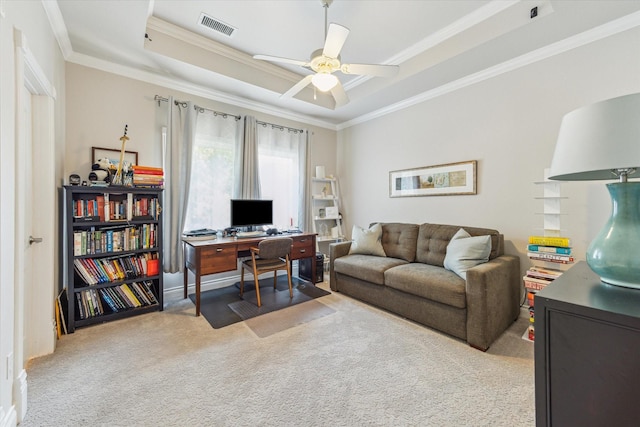 3926 Oberlin St, West University Place, TX 77005 - office space with carpet flooring, a tray ceiling, ornamental molding, and a ceiling fan