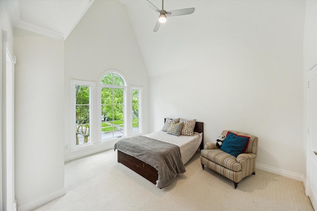 3926 Oberlin St, West University Place, TX 77005 - carpeted bedroom with high vaulted ceiling and a ceiling fan