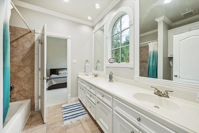 3926 Oberlin St, West University Place, TX 77005 - ensuite bathroom with double vanity, ornamental molding, shower / bathtub combination with curtain, tile patterned flooring, and recessed lighting