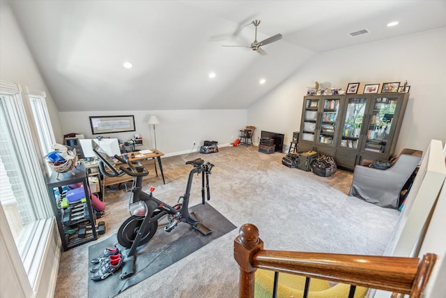 3926 Oberlin St, West University Place, TX 77005 - workout area with vaulted ceiling, carpet floors, a ceiling fan, healthy amount of natural light, and recessed lighting