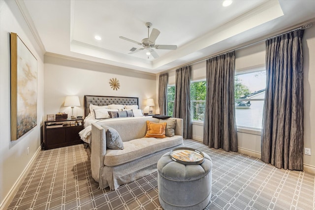 3926 Oberlin St, West University Place, TX 77005 - carpeted bedroom featuring a raised ceiling, ornamental molding, ceiling fan, and recessed lighting