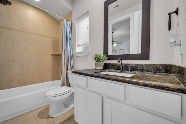 8720 Kempwood Dr, Houston, TX 77080 - bathroom featuring vanity, shower / bath combination with curtain, tile patterned floors, and ceiling fan