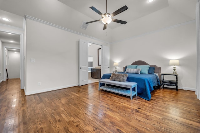 8720 Kempwood Dr, Houston, TX 77080 - bedroom featuring wood finished floors, crown molding, connected bathroom, recessed lighting, and ceiling fan