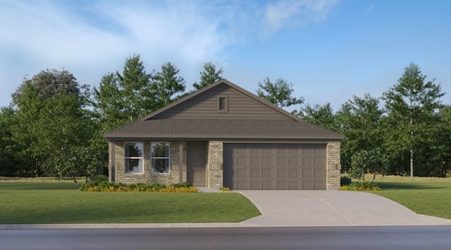 5203 Lake Trout Ln, Baytown, TX 77521 - ranch-style house featuring an attached garage, a front yard, driveway, and brick siding