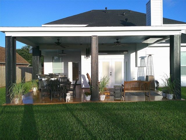3307 Norma Ln, Pearland, TX 77584 - rear view of property with ceiling fan, french doors, a patio area, and a chimney