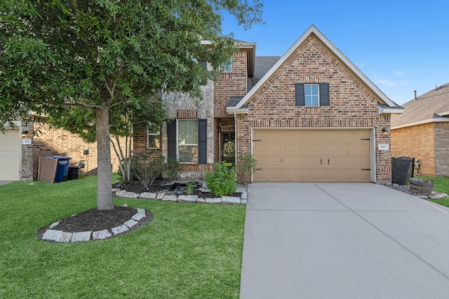 8315 Egret Bay Cir, Baytown, TX 77523 - traditional-style house featuring brick siding, driveway, a front yard, and an attached garage