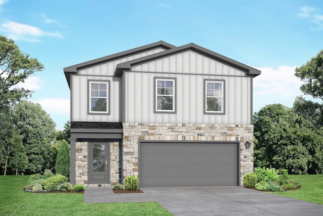 25981 Liberation Rd, Cleveland, TX 77328 - view of front of home with board and batten siding, stone siding, driveway, and a garage