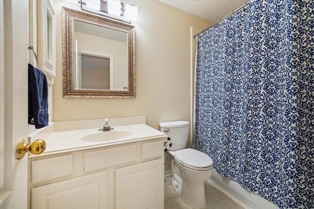 17326 Mesquite Brush Ln, Houston, TX 77095 - full bath with vanity, tile patterned floors, curtained shower, and a textured ceiling