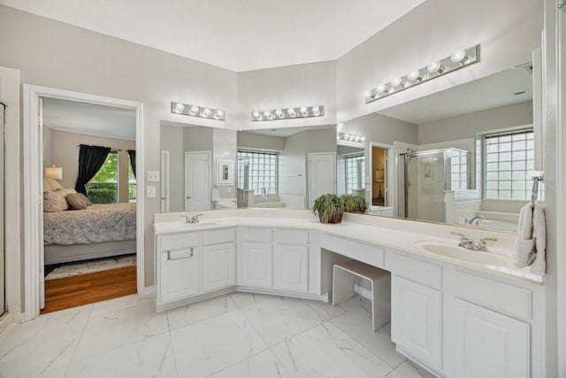 17326 Mesquite Brush Ln, Houston, TX 77095 - full bath with a stall shower, marble look tile flooring, double vanity, a bath, and ensuite bathroom