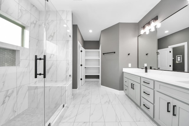 601 Lily St, Waller, TX 77484 - bathroom with marble finish flooring, a marble finish shower, double vanity, and recessed lighting