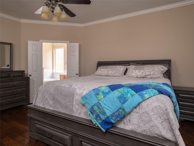 19327 Dickson Park Dr, Spring, TX 77373 - bedroom featuring ornamental molding, dark wood finished floors, and ceiling fan