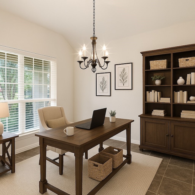 10163 Rose Willow Ln, Brookshire, TX 77423 - office with a chandelier and dark tile patterned floors