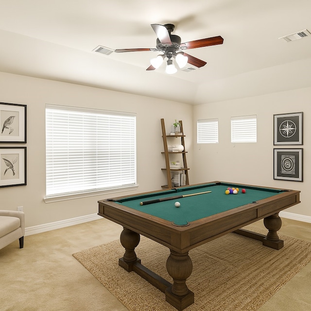 10163 Rose Willow Ln, Brookshire, TX 77423 - recreation room with carpet, ceiling fan, and billiards table