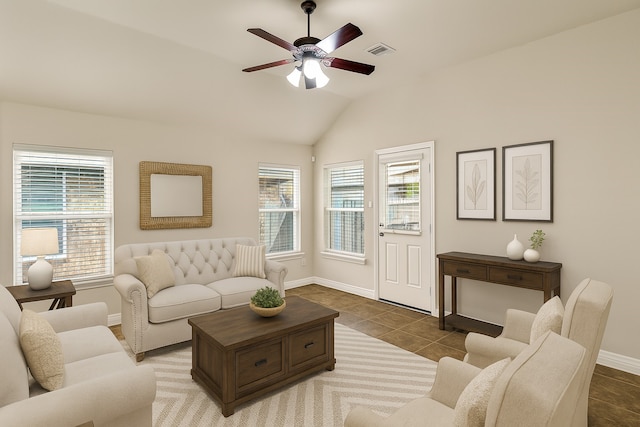10163 Rose Willow Ln, Brookshire, TX 77423 - living room with healthy amount of natural light, a ceiling fan, lofted ceiling, and tile patterned flooring