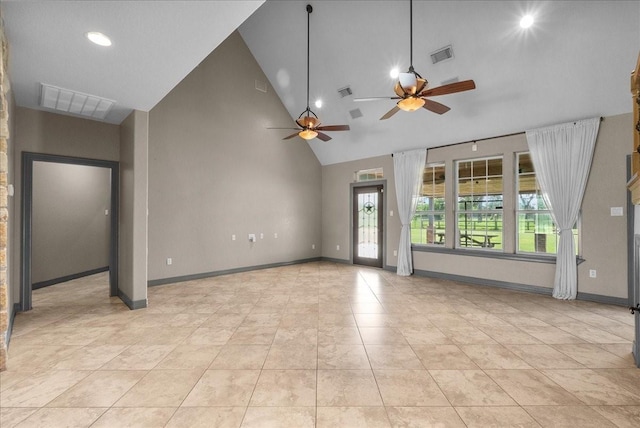 1273 County Road 201a, Angleton, TX 77515 - unfurnished living room with ceiling fan, high vaulted ceiling, light tile patterned floors, and recessed lighting