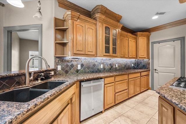 1273 County Road 201a, Angleton, TX 77515 - kitchen with stainless steel appliances, decorative backsplash, stone counters, open shelves, and glass insert cabinets