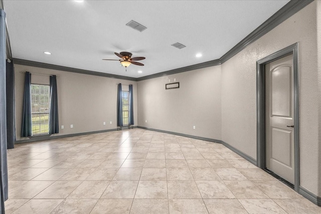 1273 County Road 201a, Angleton, TX 77515 - spare room with ornamental molding, a ceiling fan, light tile patterned flooring, and recessed lighting
