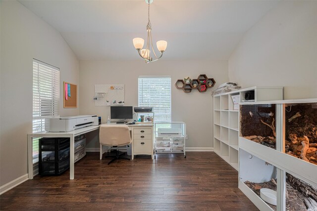 12005 Green Falls Dr, Pearland, TX 77584 - home office featuring lofted ceiling, a chandelier, and wood finished floors