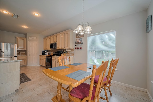 12005 Green Falls Dr, Pearland, TX 77584 - dining room featuring light tile patterned flooring, a chandelier, and recessed lighting
