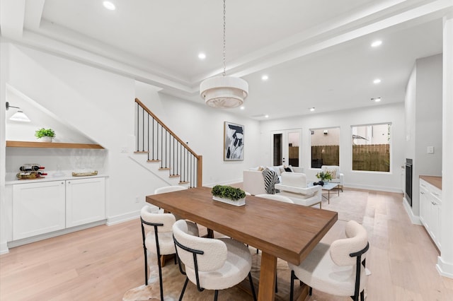 4403 Feagan, Houston, TX 77007 - dining space featuring light wood-style flooring, recessed lighting, and stairs
