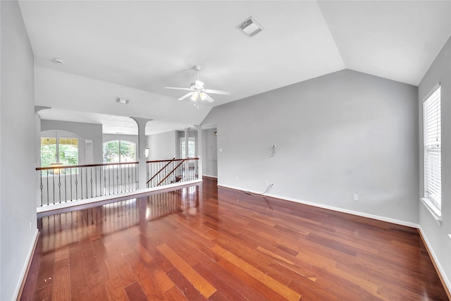 21142 Granite Trail Ln, Richmond, TX 77407 - empty room featuring a ceiling fan, lofted ceiling, and wood finished floors