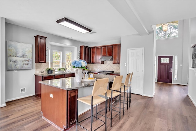 21142 Granite Trail Ln, Richmond, TX 77407 - kitchen featuring under cabinet range hood, wood finished floors, light stone counters, a kitchen island, and tasteful backsplash