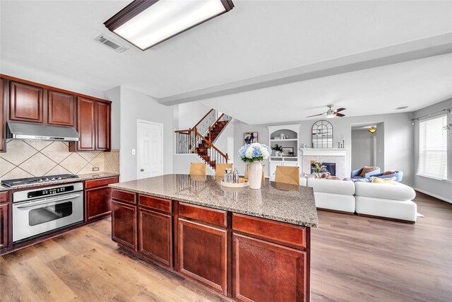 21142 Granite Trail Ln, Richmond, TX 77407 - kitchen featuring under cabinet range hood, stainless steel appliances, light wood finished floors, dark brown cabinets, and backsplash
