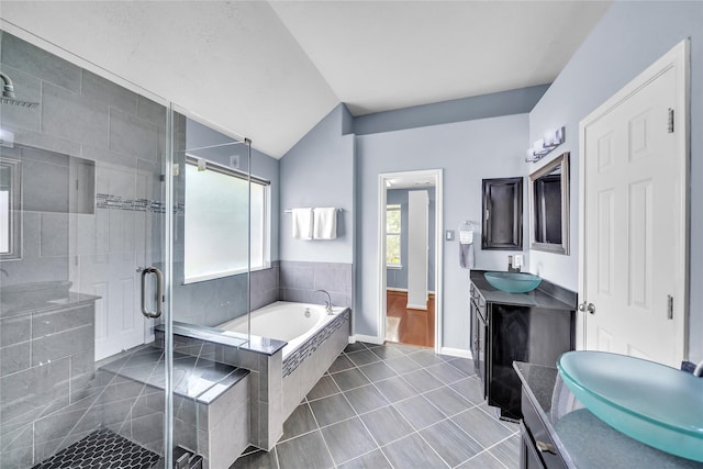 21142 Granite Trail Ln, Richmond, TX 77407 - full bath featuring vanity, a stall shower, a garden tub, tile patterned floors, and vaulted ceiling