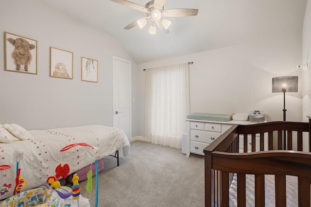 29726 Smoky Ridge Rd, Fulshear, TX 77441 - bedroom featuring light carpet, lofted ceiling, and ceiling fan