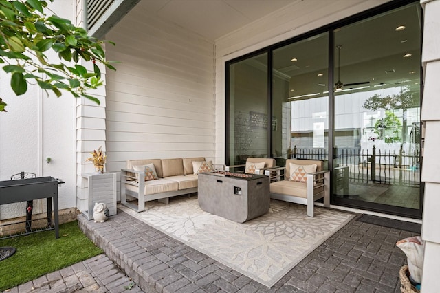 1217 Timbergrove Acres St, Houston, TX 77008 - view of patio with an outdoor living space with a fire pit and ceiling fan