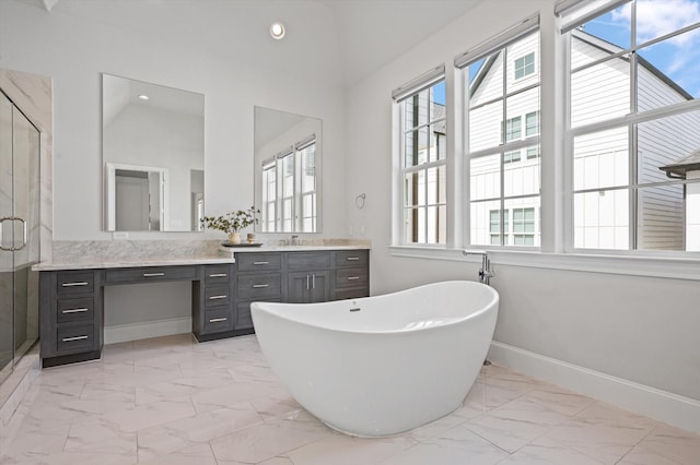 1217 Timbergrove Acres St, Houston, TX 77008 - bathroom featuring marble finish floors, healthy amount of natural light, a stall shower, and recessed lighting