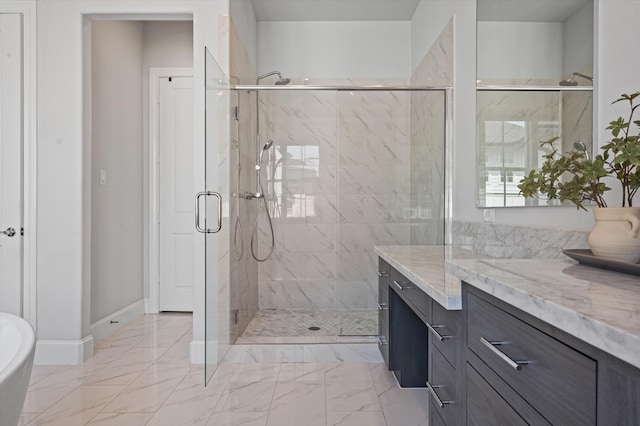 1217 Timbergrove Acres St, Houston, TX 77008 - full bathroom featuring marble look tile flooring, vanity, and a marble finish shower