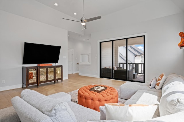 1217 Timbergrove Acres St, Houston, TX 77008 - living room featuring light wood-style floors, recessed lighting, ceiling fan, and high vaulted ceiling