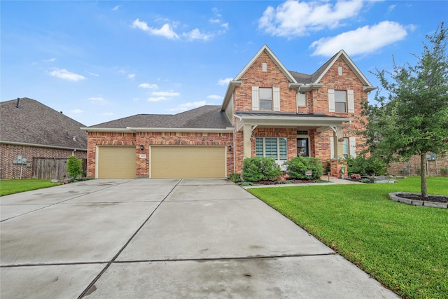 4802 Wagtail Way Ln, League City, TX 77573 - view of front of house with brick siding, a front yard, an attached garage, concrete driveway, and a shingled roof