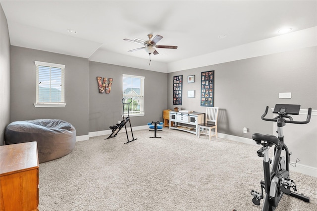 4802 Wagtail Way Ln, League City, TX 77573 - workout area featuring ceiling fan, carpet flooring, and recessed lighting