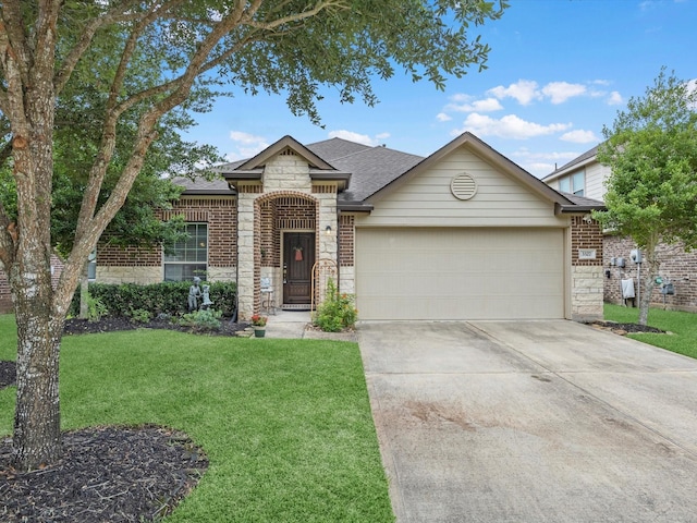 3327 Jane Way, Richmond, TX 77406 - view of front of home featuring stone siding, an attached garage, roof with shingles, driveway, and a front lawn