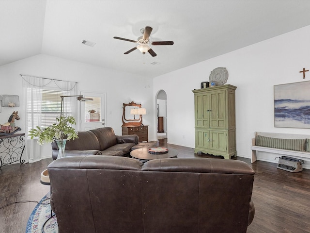 3327 Jane Way, Richmond, TX 77406 - living room with arched walkways, dark wood-style flooring, ceiling fan, and vaulted ceiling