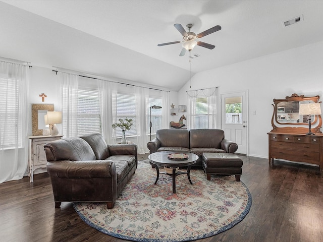 3327 Jane Way, Richmond, TX 77406 - living room with vaulted ceiling, ceiling fan, and wood finished floors